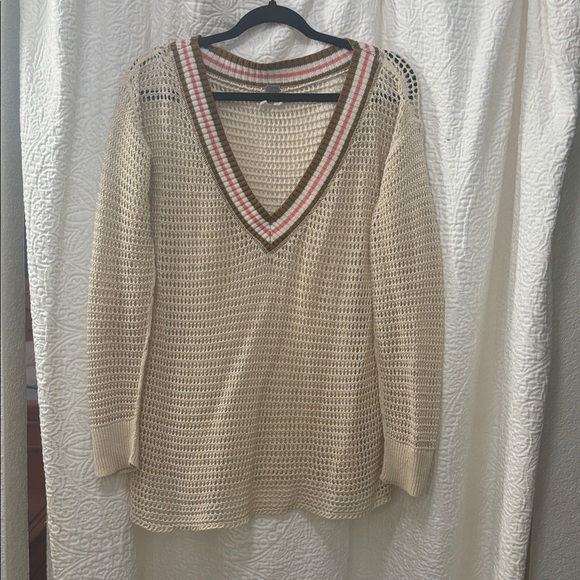 We The Free Sweaters - We The Free Cream V-Neck Sweater with Red and Pink Trim